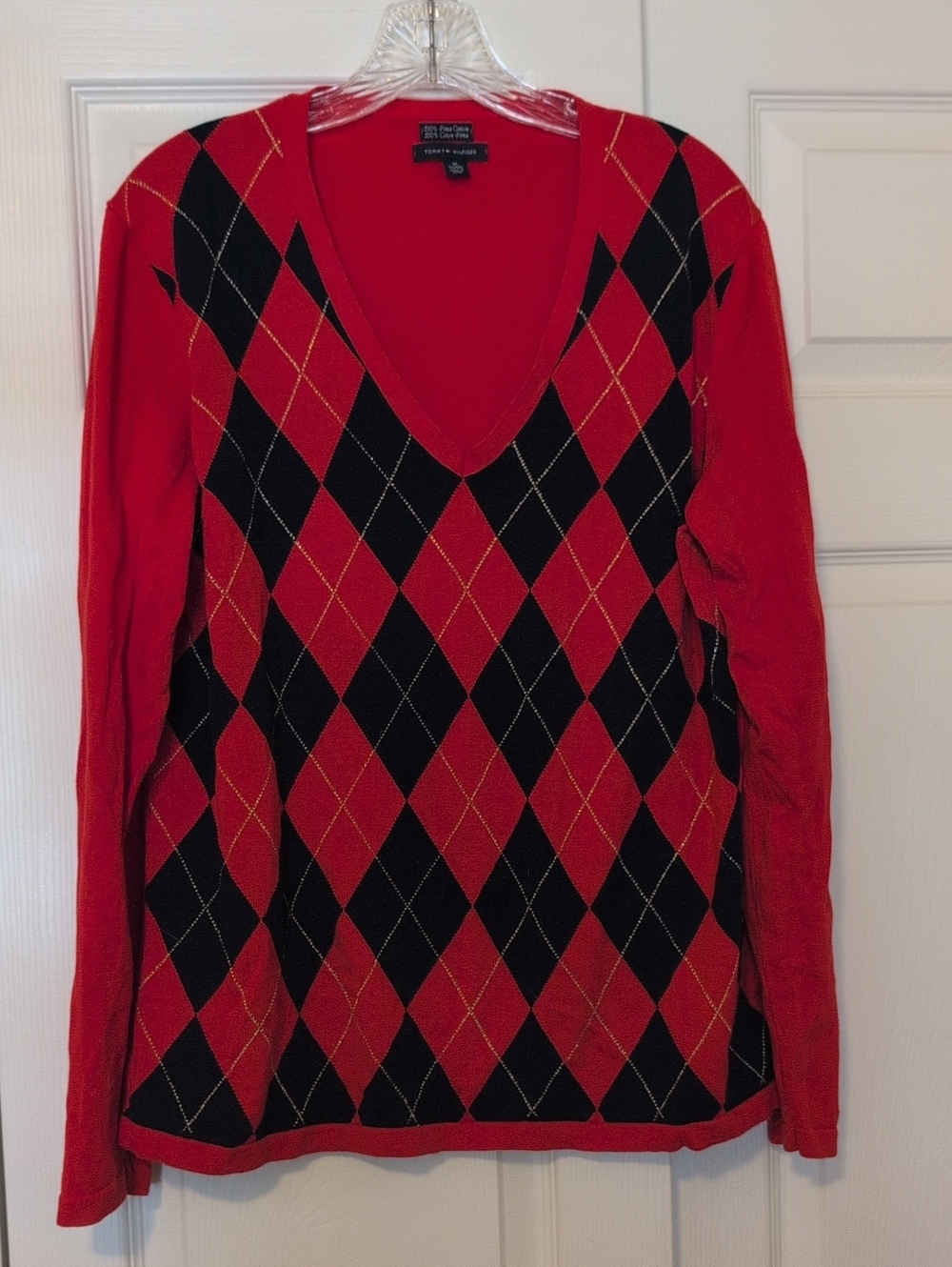 Tommy Hilfiger Red and Navy Argyle V-Neck Sweater